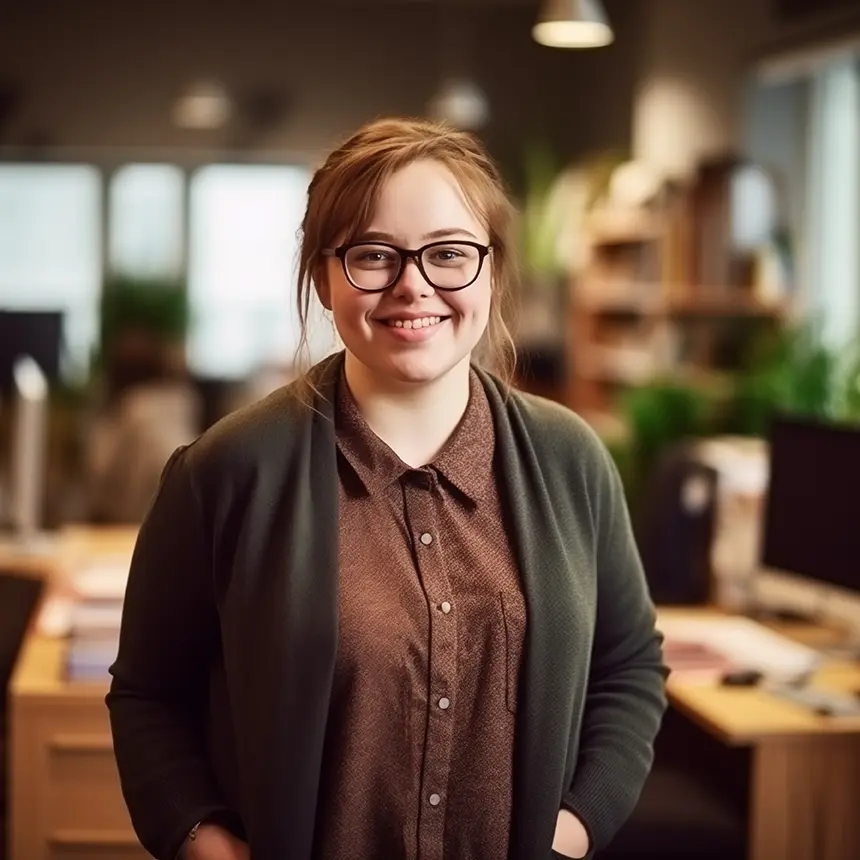 Smiling young woman with glasses standing confidently in a warmly lit office space, wearing a brown button-up shirt and dark green cardigan. She is in focus with blurred desks, plants, and monitors in the background.