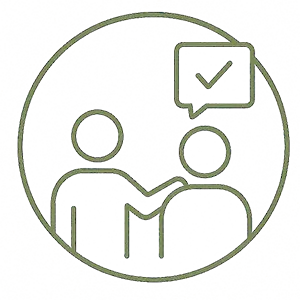 Icon of two people inside a circle, one with a speech bubble containing a checkmark, representing job coaching.