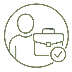 line-art icon showing a simplified human figure inside a circular outline, holding a briefcase with a checkmark symbol, representing PSW’s Individual Job Placement services. Bold text below reads “Individual Job Placement.”