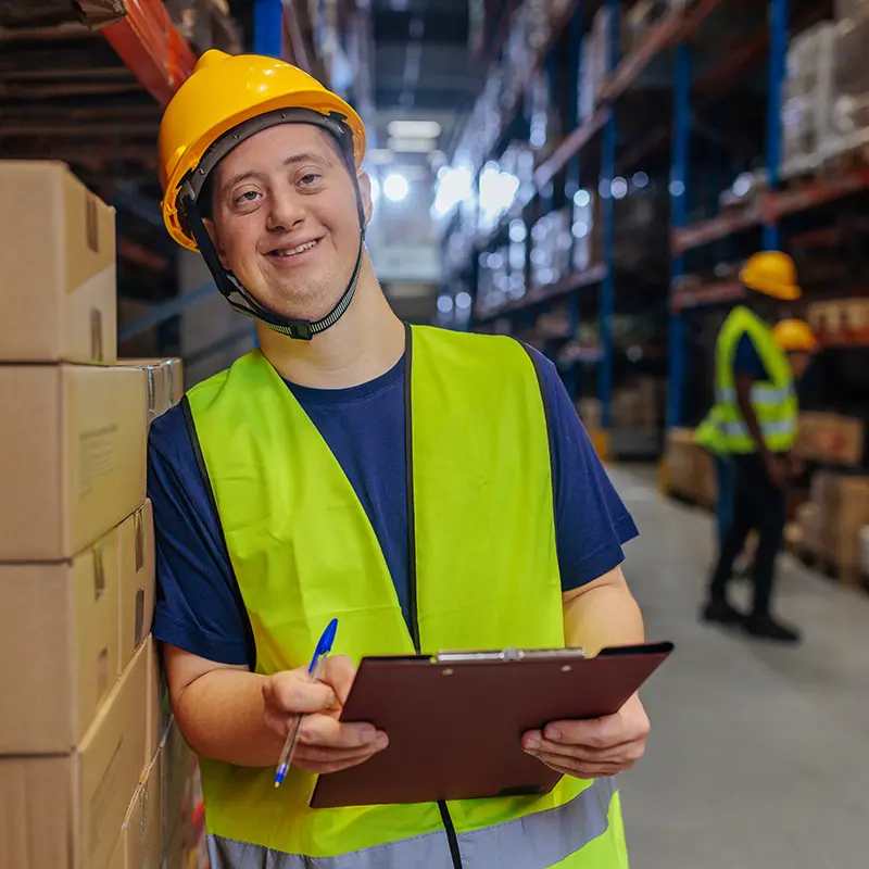 Smiling warehouse worker with Down syndrome wearing a yellow hard hat and reflective safety vest, holding a clipboard and pen while standing next to stacked cardboard boxes in a warehouse setting.