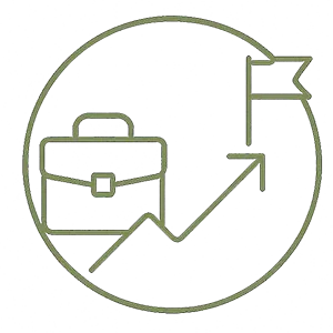 Icon of a briefcase with an upward arrow leading to a flag, representing the journey from job placement to long-term success.