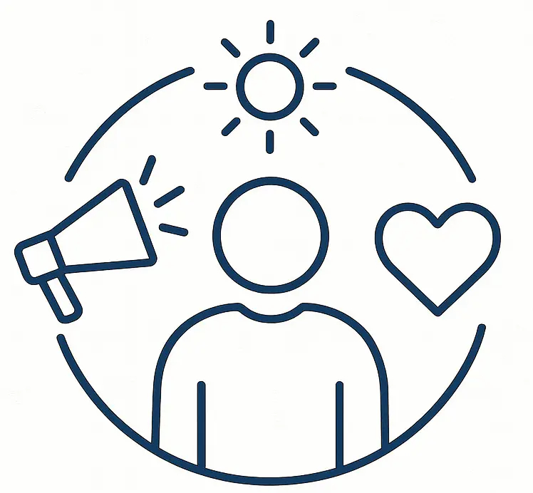 Line icon showing a person with a megaphone, heart, and sun representing advocacy and awareness.