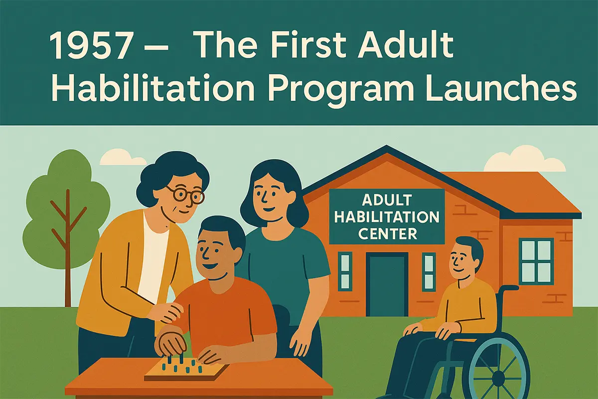Illustration titled “1957 – The First Adult Habilitation Program Launches.” A group of people gather outside a brick building labeled “Adult Habilitation Center.” In the foreground, a seated individual participates in an activity with support from two others, while another person in a wheelchair is positioned near the building. The background features trees and clouds, representing a welcoming and inclusive setting.