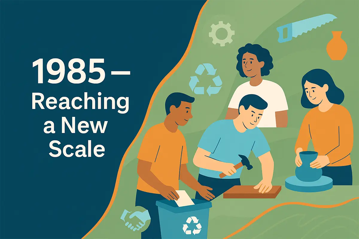 Illustration of four individuals engaged in various activities—recycling, woodworking, and pottery—set against a green background with icons of gears, a saw, and a handshake. The text reads “1985 – Reaching a New Scale.” The image reflects the expansion of vocational and life skills programs.