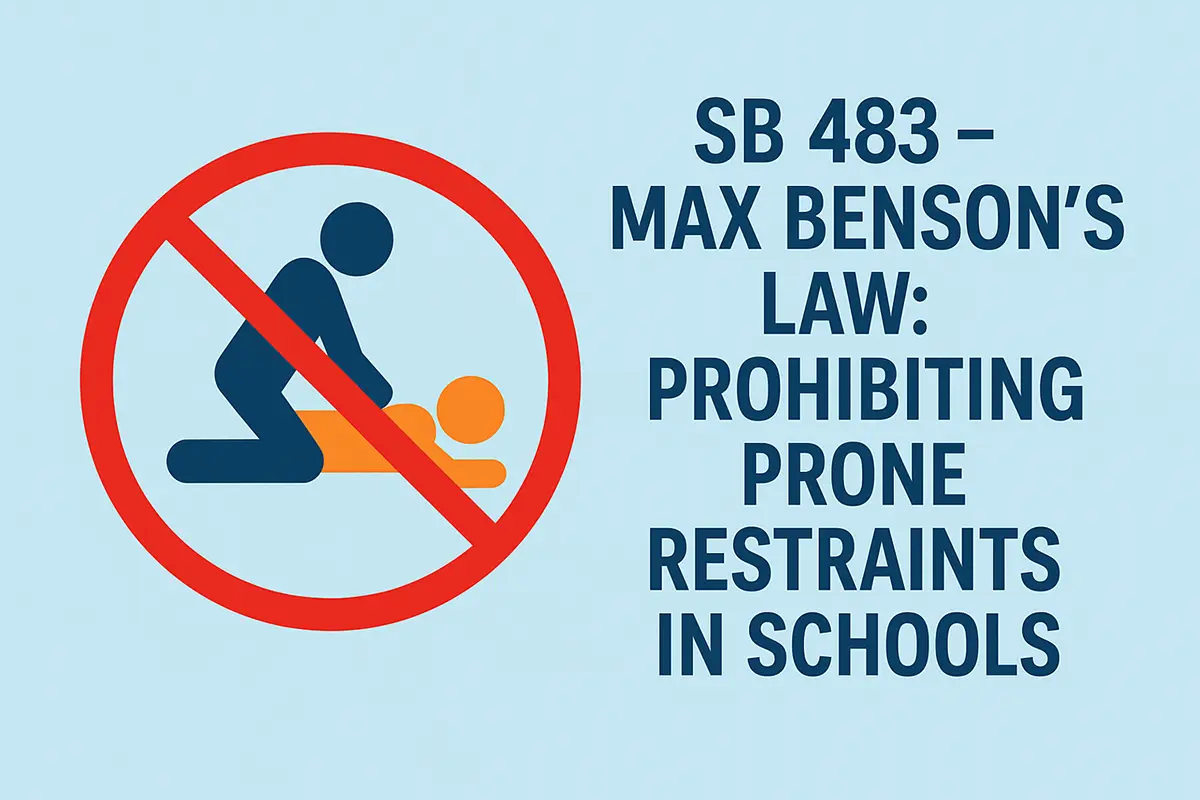 Graphic with a red prohibition symbol over an illustration of a student being restrained face down, alongside the text: 'SB 483 – Max Benson’s Law: Prohibiting Prone Restraints in Schools' on a light blue background.