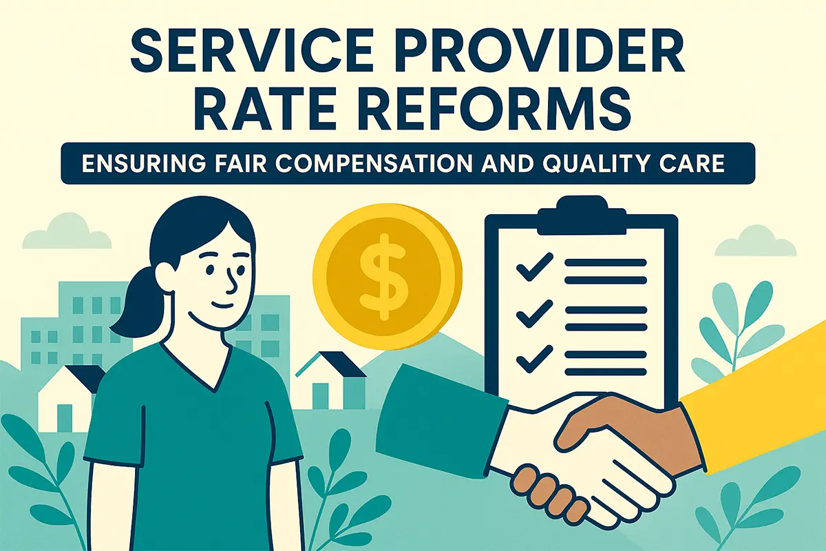 Illustration of a smiling healthcare worker, a large coin symbol, a checklist on a clipboard, and two hands shaking in agreement—set against a backdrop of buildings and greenery, representing fair compensation and quality care.