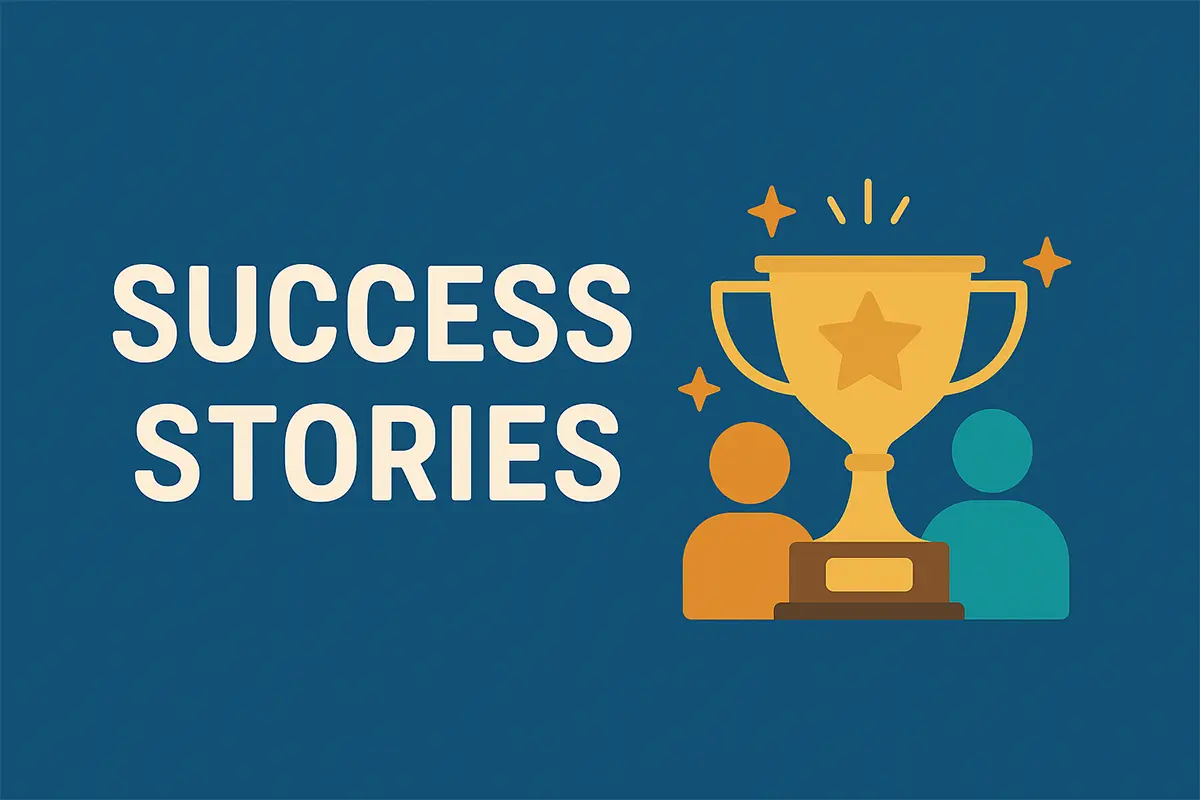 Illustration with the words “Success Stories” on a dark blue background. To the right, a large golden trophy with a star in the center is flanked by two colorful human figures and surrounded by sparkles, symbolizing achievement and celebration.