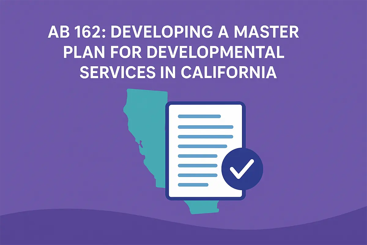 Illustration of a checklist or policy document with a checkmark icon over a silhouette of California, on a purple background.