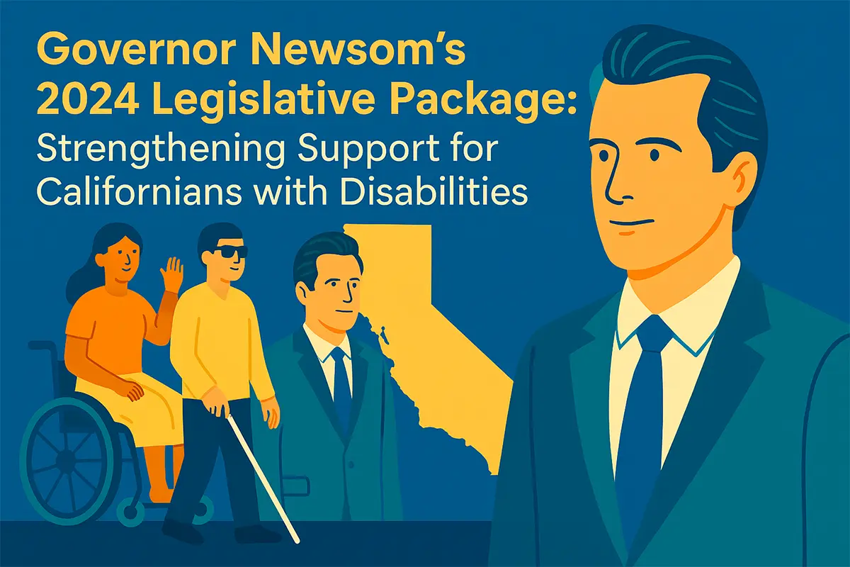 Illustration of Governor Gavin Newsom alongside diverse individuals with disabilities, including a woman in a wheelchair and a man using a white cane, set against a California state outline.