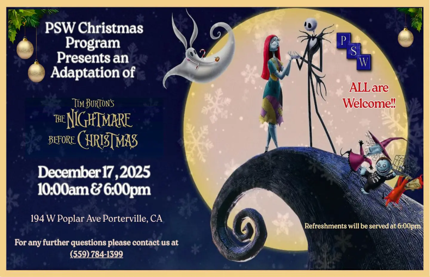 Flyer for the PSW Christmas Program featuring an adaptation of Tim Burton’s The Nightmare Before Christmas, with decorative artwork of characters from the movie. The flyer includes event details for the Christmas play.